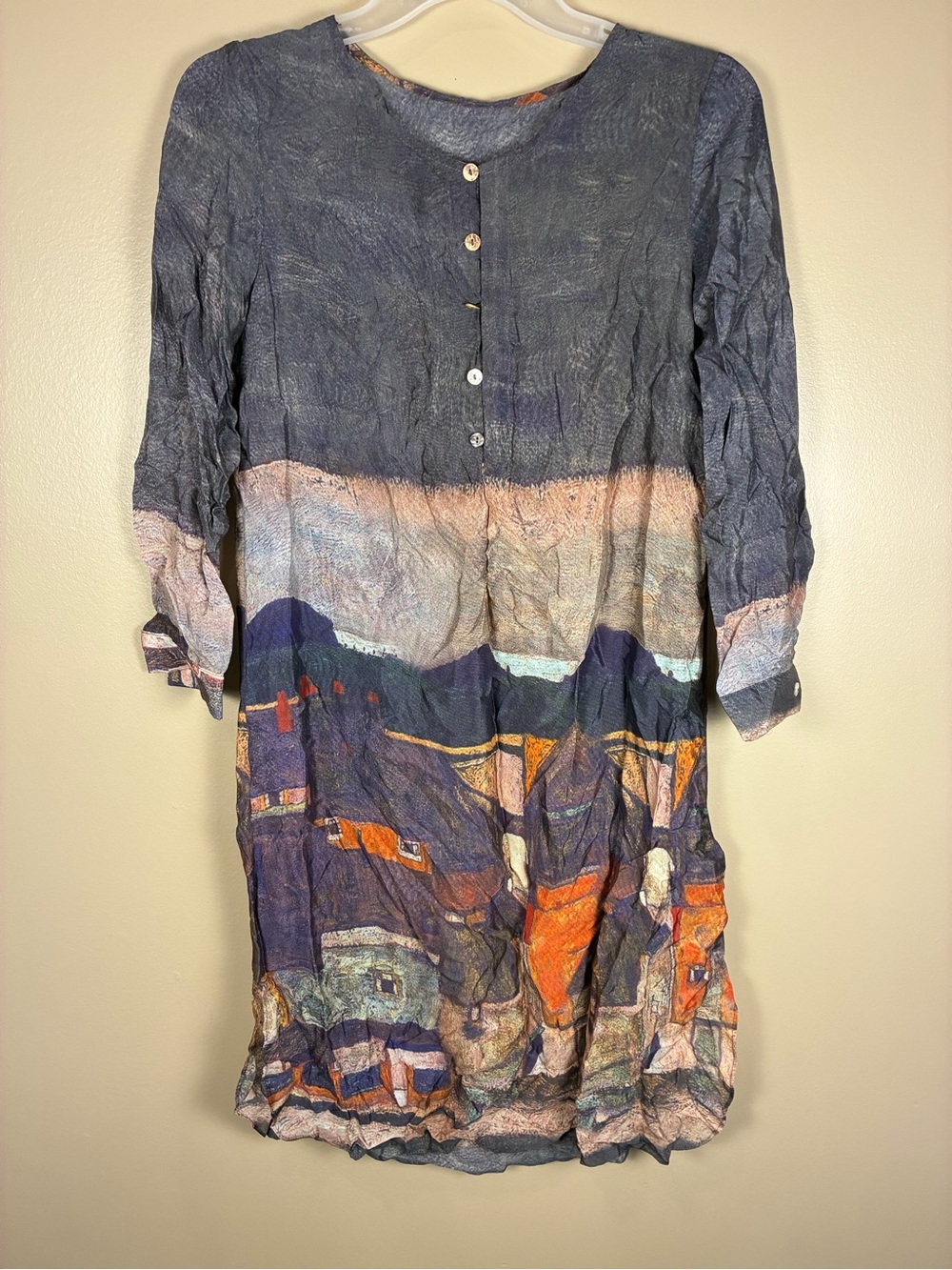 Stylewe 100% Silk Art Printed Midi Tunic Dress Quarter Button